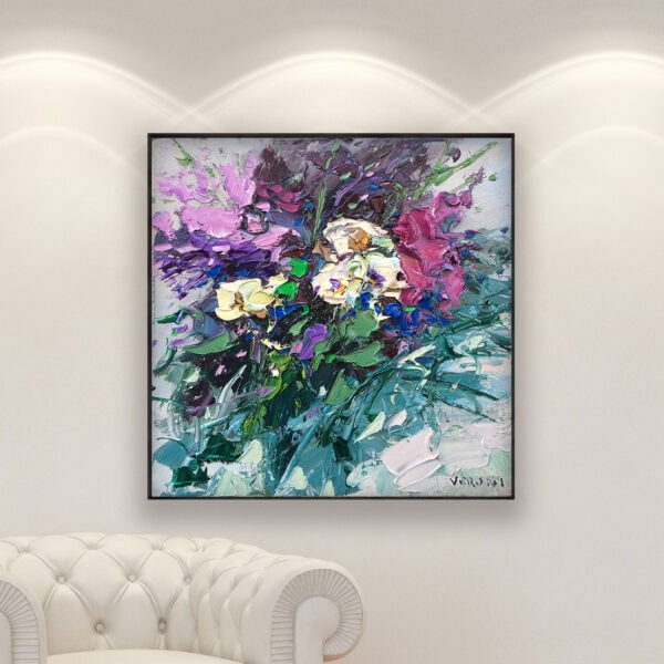 Original floral oil painting displayed above a modern couch in an elegant living room