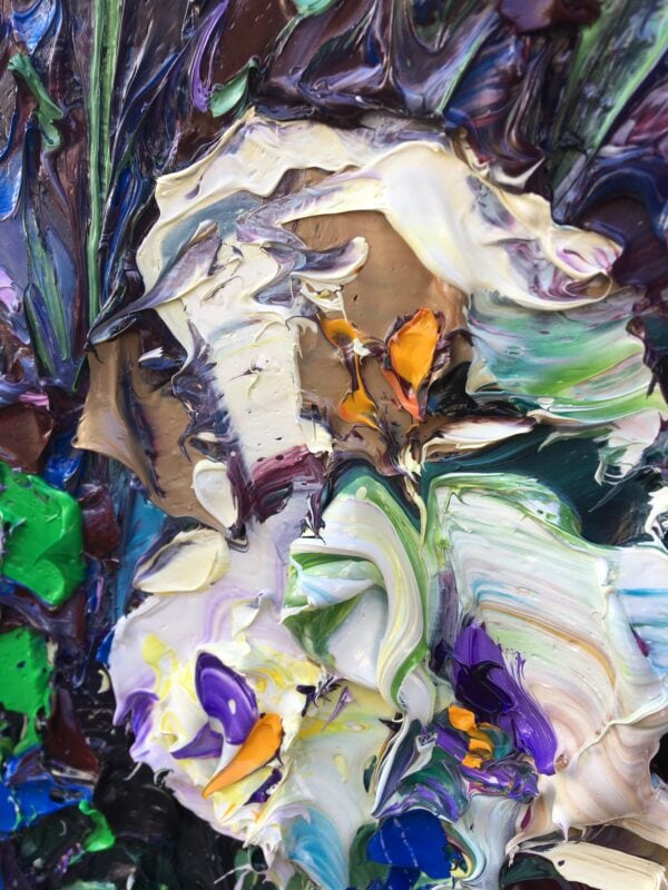 Close up detail showing white and purple sculpted petals in original floral oil painting