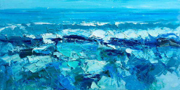 An original ocean waves oil painting by Agostino Veroni, depicting energetic blue crashing waves on the sea with thick palette knife texture.