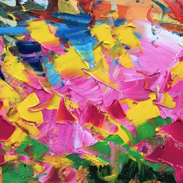 Close-up macro detail showing thick yellow and pink impasto palette knife texture on Portofino oil painting.