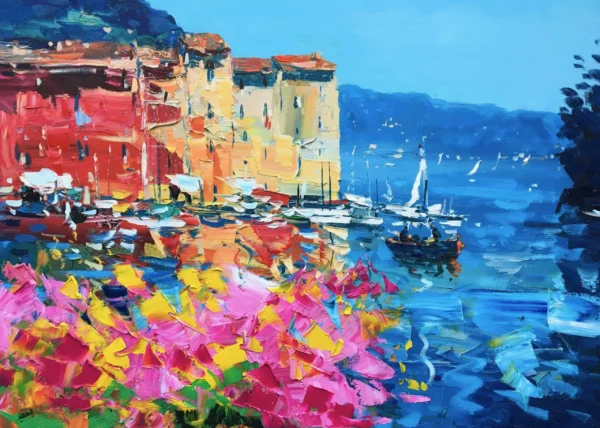 Original oil painting of Portofino harbor with vibrant pink and yellow flowers in the foreground and boats on blue sea.