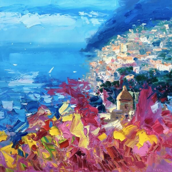 View of an original Positano Amalfi Coast oil painting on canvas featuring bright floral foreground and cliffside houses overlooking the sea.
