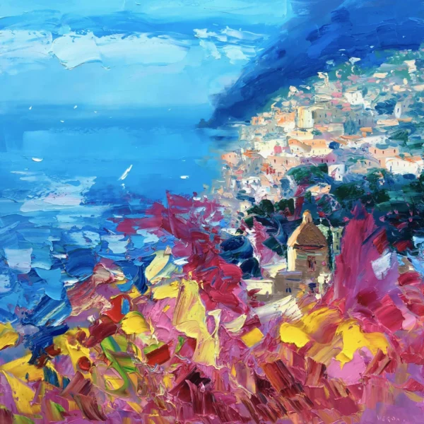 View of an original Positano Amalfi Coast oil painting on canvas featuring bright floral foreground and cliffside houses overlooking the sea.