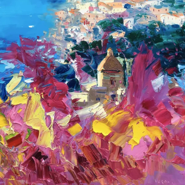 Close-up detail showing vibrant magenta flowers and palette knife texture on original Positano oil painting.