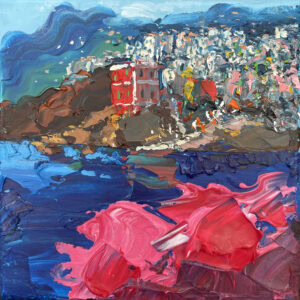 Full frontal view of the original Riomaggiore Cinque Terre oil painting on canvas featuring colorful seaside houses and vibrant sea.