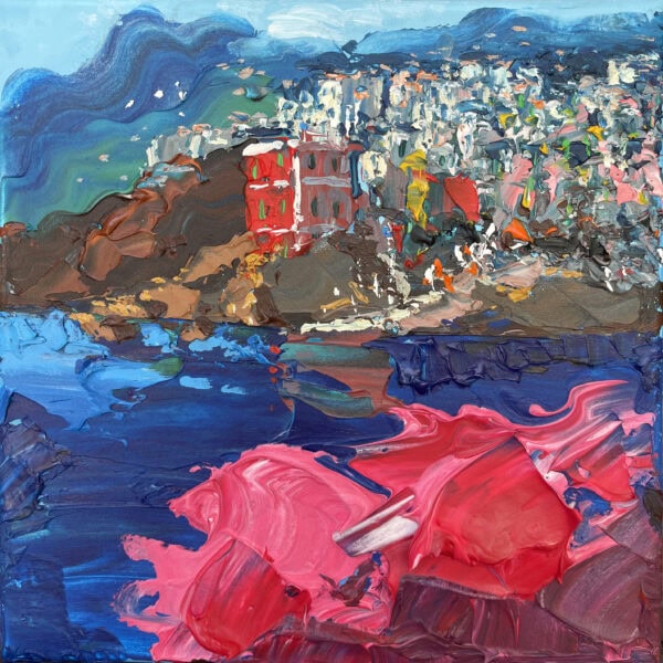 Full frontal view of the original Riomaggiore Cinque Terre oil painting on canvas featuring colorful seaside houses and vibrant sea.