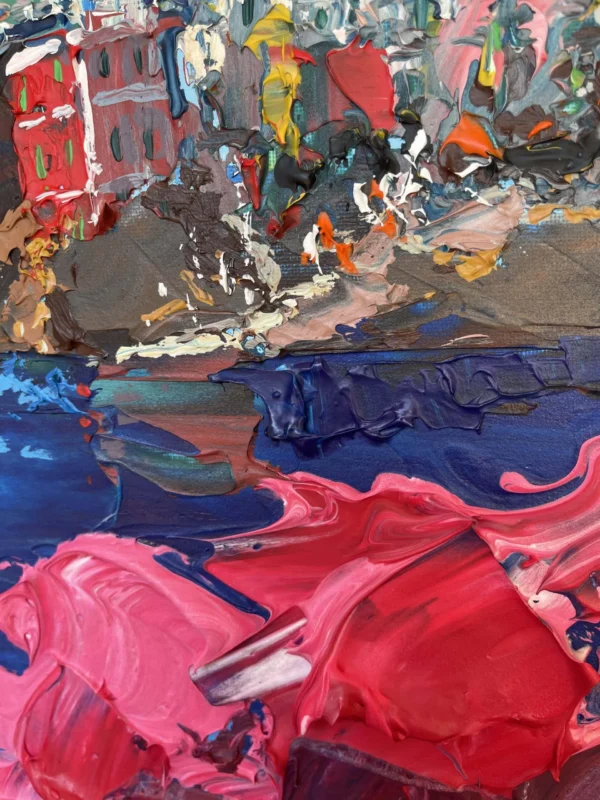 Close-up detail of heavy impasto palette knife strokes showing deep blue sea and vibrant pink foreground reflections in Riomaggiore oil painting.