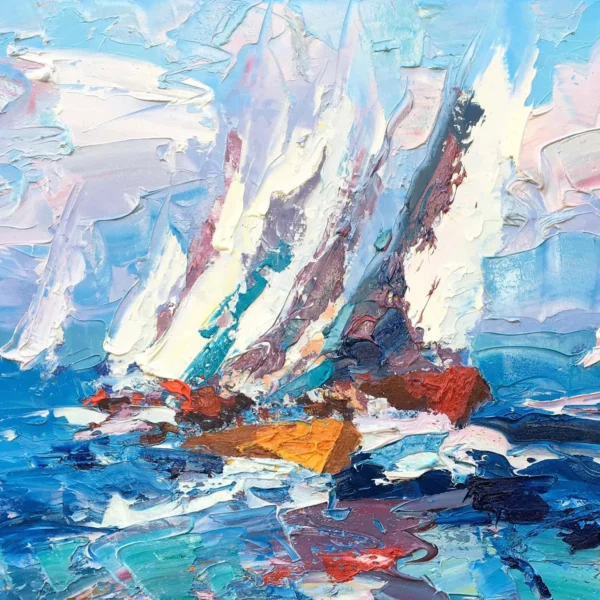 Close up detail showing central sailboats and vibrant sky in original sailboat oil painting