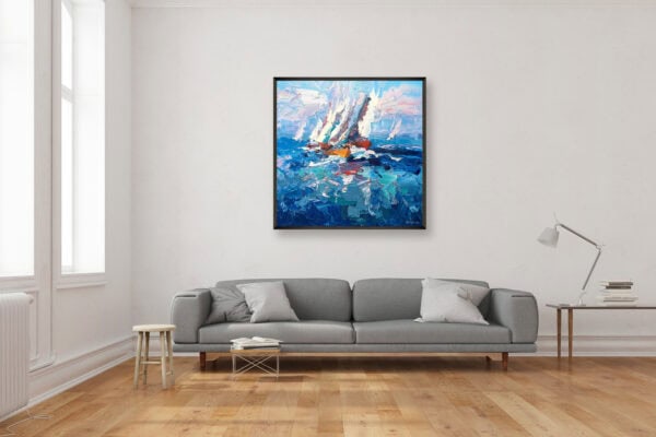 Original sailboat oil painting displayed above a grey couch in a bright living room