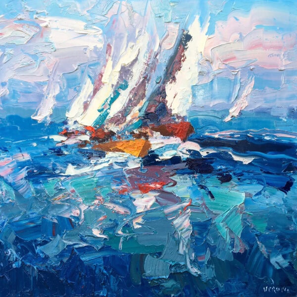 Close up detail of heavy impasto wave texture and signature on original sailboat oil painting