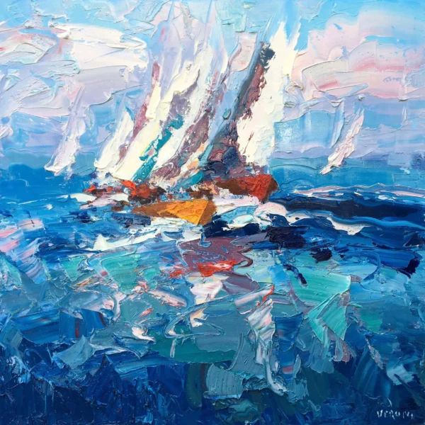 Close up detail of heavy impasto wave texture and signature on original sailboat oil painting