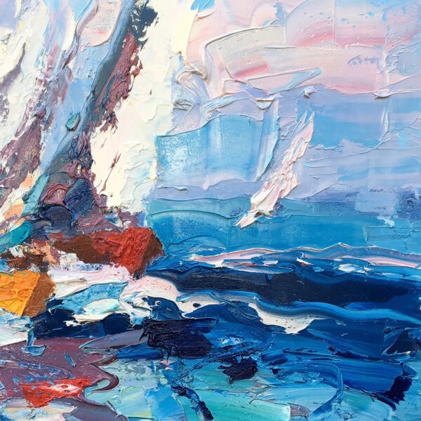 Close up detail of thick palette knife impasto texture on sailboat sails and sky