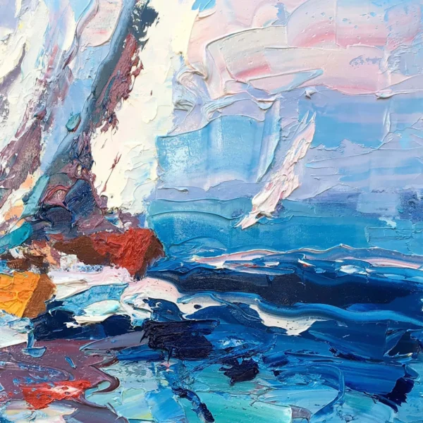 Close up detail of thick palette knife impasto texture on sailboat sails and sky