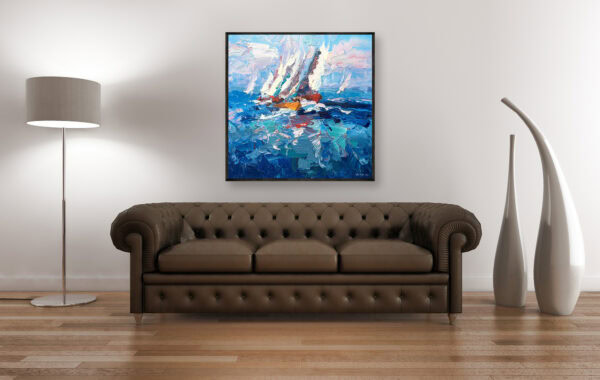 Original sailboat oil painting framed on a wall above a leather sofa