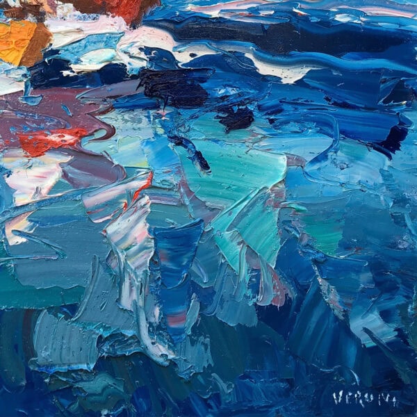 Close up detail of heavy impasto wave texture and artist signature in original sailboat oil painting