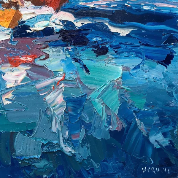 Close up detail of heavy impasto wave texture and artist signature in original sailboat oil painting