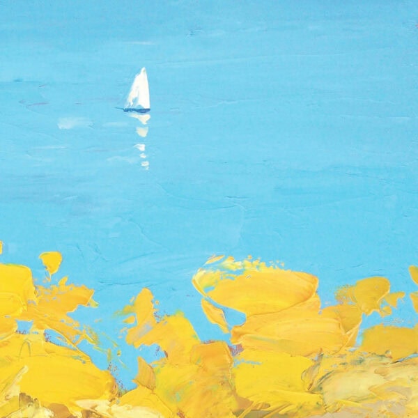 Close-up detail of a white sailboat on a brilliant light blue ocean background with thick impasto textured brushstrokes.