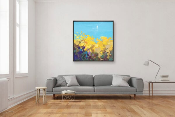 An original seascape sailboat oil painting by Agostino Veroni framed and hanging on a wall above a grey sofa in a modern living room interior.