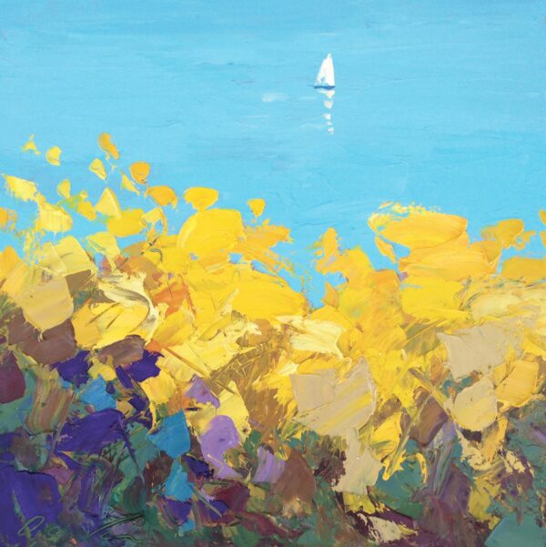 An original seascape sailboat oil painting by Agostino Veroni, featuring a solitary sailboat on a vibrant blue ocean with textured yellow and violet coastal flowers.