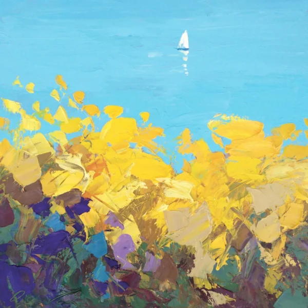 An original seascape sailboat oil painting by Agostino Veroni, featuring a solitary sailboat on a vibrant blue ocean with textured yellow and violet coastal flowers.