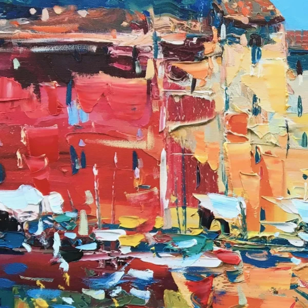 Detailed view of colorful red and yellow Italian coastal houses painted with thick oil paint layers on canvas.