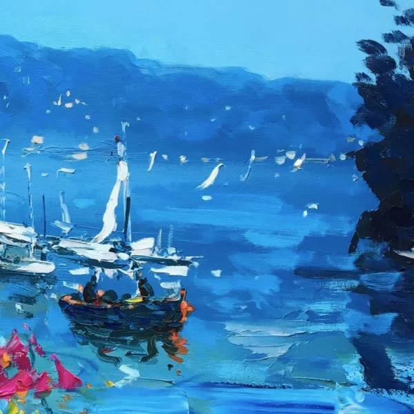 Close-up detail showing sailboat and deep blue sea reflections painted with palette knife in Portofino painting.