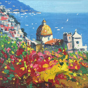 A square Positano Italy oil painting featuring the yellow church dome and colorful flowers with heavy palette knife texture.