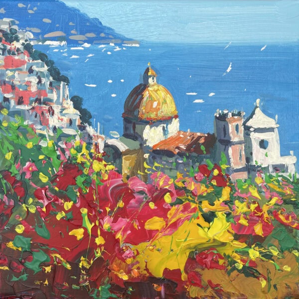 A square Positano Italy oil painting featuring the yellow church dome and colorful flowers with heavy palette knife texture.