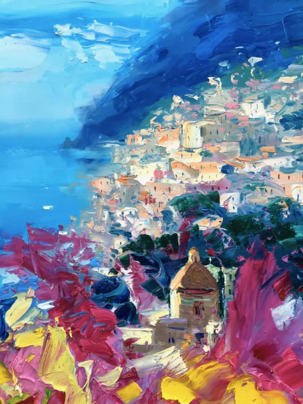 Detailed view of the cliffside village, blue sea, and bright floral foreground in Positano oil painting.