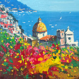 A square Positano Italy oil painting featuring the yellow church dome and colorful flowers with heavy palette knife texture.