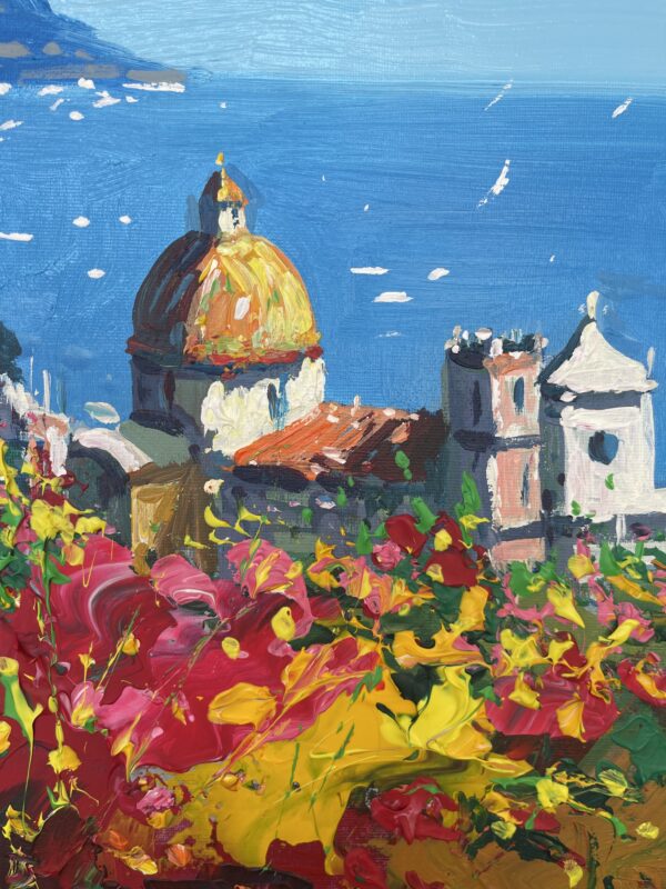 Close-up view of the Positano church dome in an oil painting, highlighting the sculpted yellow dome and textured architecture created with a palette knife.