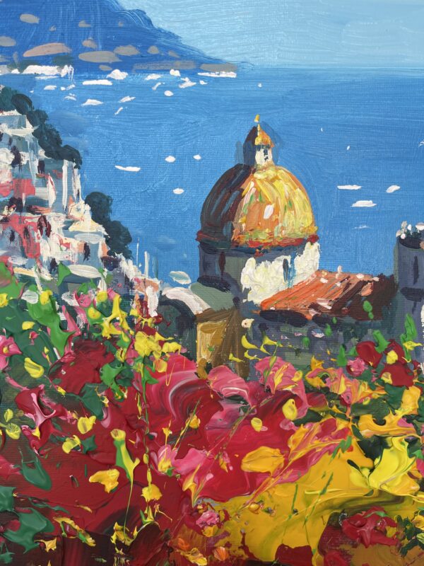 Close-up macro detail of a Positano oil painting, focusing on the heavy palette knife texture of the colorful houses and coastal view.
