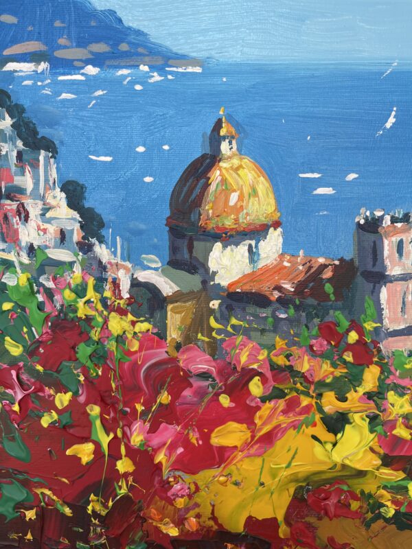 Macro detail of the foreground flowers in a Positano oil painting, showcasing vibrant red and yellow palette knife strokes with heavy impasto texture.