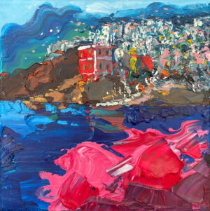 Full frontal view of the original Riomaggiore Cinque Terre oil painting on canvas featuring colorful seaside houses and vibrant sea.