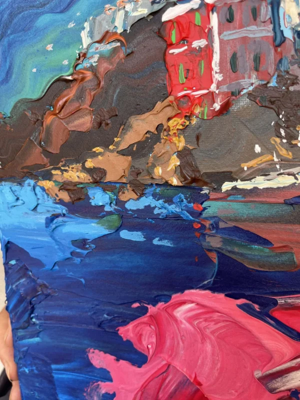 Macro view highlighting rich tactile surface, thick oil paint layers, dark rocks, and vibrant sea in Riomaggiore painting.