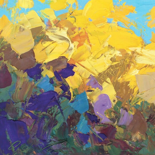 Close-up macro detail of the heavy impasto and palette knife texture showing vibrant yellow and violet oil paint strokes on the canvas.