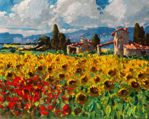 This Tuscany oil painting features a blooming field of yellow sunflowers and red poppies under a summer sky. Full view of the original impressionist canvas artwork painted with a heavy impasto palette knife technique. In the background, rustic stone farmhouses nestled among green trees and rolling blue Italian hills add charm and depth to the landscape.