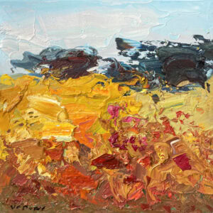 Abstract landscape oil painting on canvas showing a sunny Tuscan wheat and sunflower field. Modern impasto style with heavy palette knife texture in bright yellow, orange, and blue.