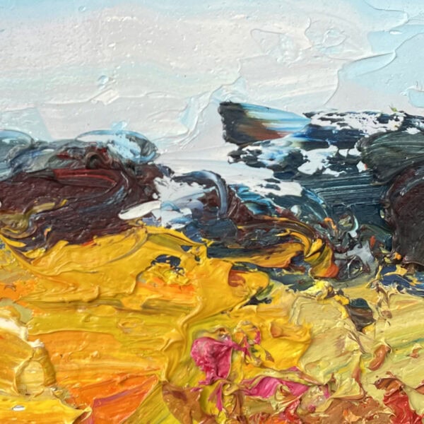 Abstract landscape oil painting on canvas detail showing thick impasto brushstrokes. Close-up texture of golden wheat field and deep blue sky crafted with palette knife in modern style.