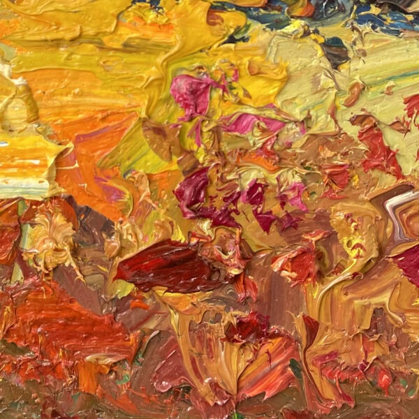 Abstract landscape oil painting on canvas macro view highlighting heavy impasto texture. Vibrant yellow, warm orange, and magenta palette knife strokes depicting a summer Tuscan field.