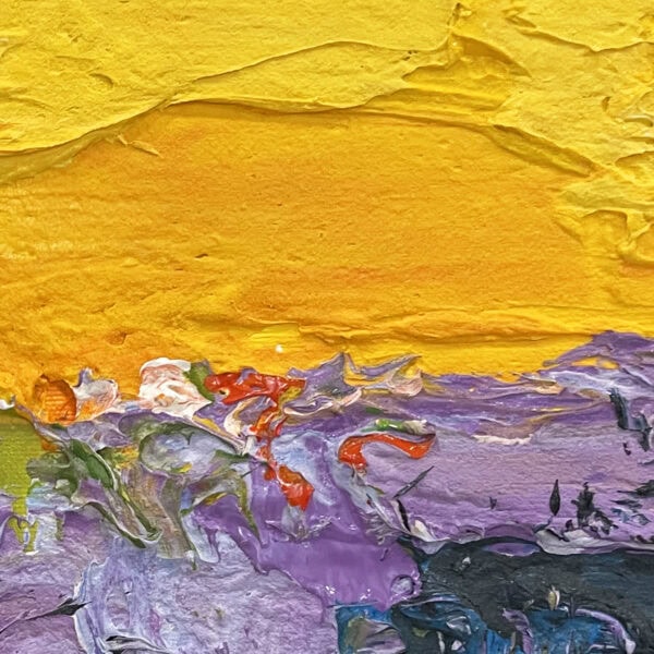 Abstract oil painting on canvas detail showing thick impasto layers. Close-up texture of yellow, purple, and green brushstrokes crafted with palette knife in modern style.
