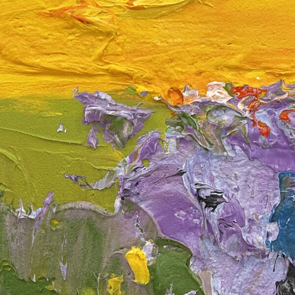 Abstract oil painting on canvas close-up highlighting rich impasto textures. Vibrant palette knife strokes blending golden yellow, olive green, and violet tones in a modern style.