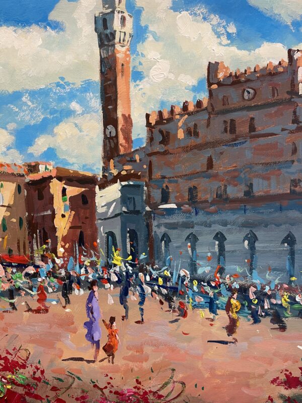 Siena oil painting on canvas detail highlighting Palazzo Pubblico and Torre del Mangia. Heavy impasto palette knife strokes depicting a lively crowd in Piazza del Campo under a blue sky.