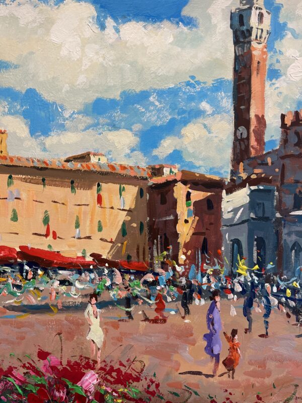 Siena oil painting on canvas detail showing Torre del Mangia and the lively square. Palette knife impasto texture with bustling figures, warm Tuscan buildings, and blue sky.