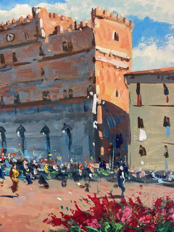 Siena oil painting on canvas detail highlighting Palazzo Pubblico and the square. Palette knife impasto texture with vibrant red flowers, historic buildings, and blue sky.