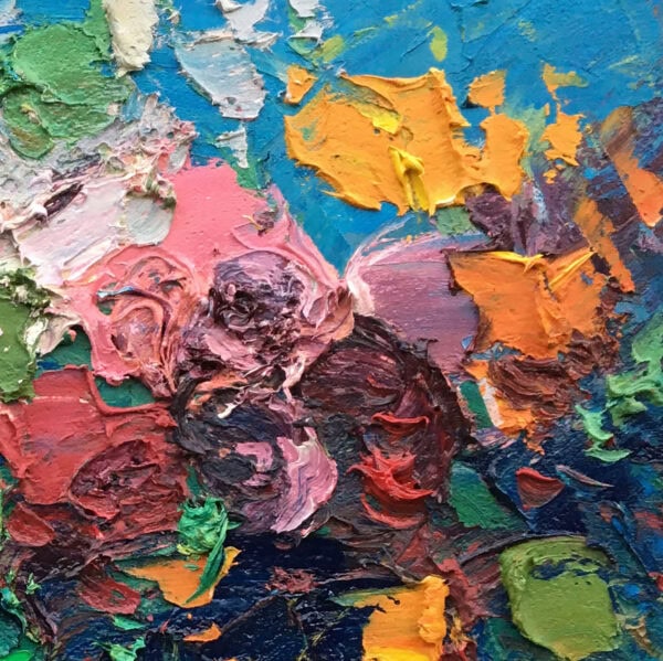 Close-up of roses oil painting on canvas by Agostino Veroni. Heavy impasto palette knife strokes showing rich pink, red, and yellow blossoms, orange accents, and dark blue background.