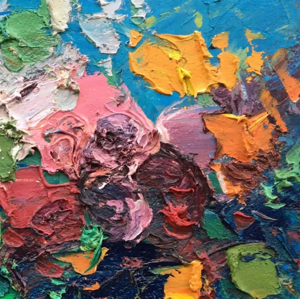 Close-up of roses oil painting on canvas by Agostino Veroni. Heavy impasto palette knife strokes showing rich pink, red, and yellow blossoms, orange accents, and dark blue background.