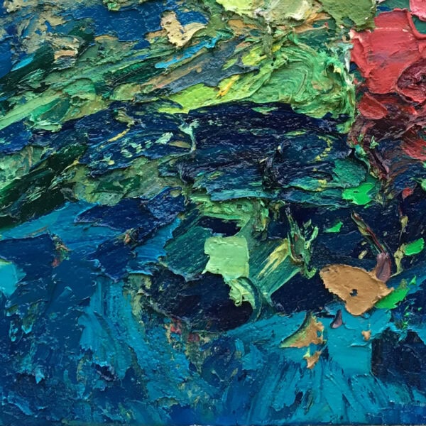 Roses oil painting on canvas detail by Agostino Veroni. Close-up view showing heavy impasto palette knife texture, rich green leaves, deep blue background, and thick red oil paint strokes.