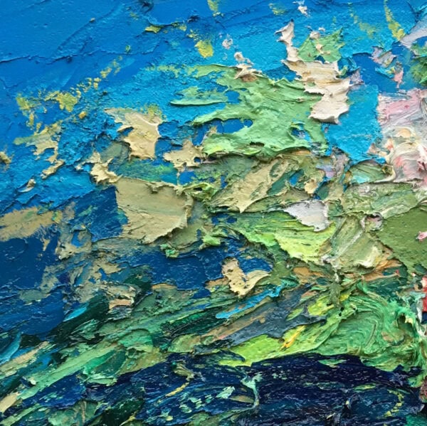 Close-up of roses oil painting on canvas by Agostino Veroni. Heavy impasto palette knife strokes showing sculptural light green foliage, beige highlights, and vibrant turquoise blue background.