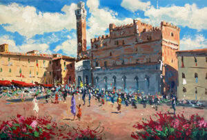 Siena oil painting on canvas depicting Piazza del Campo and Palazzo Pubblico under a blue sky. Heavy impasto palette knife technique with vibrant crowd, historic buildings, and red flowers.